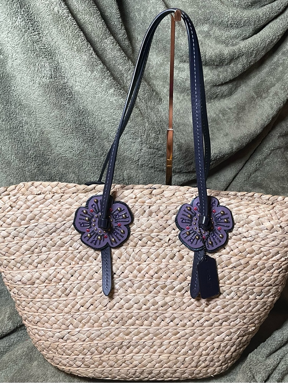 Coach Tea Rose XL Woven Straw Tote Bag Purple Leather Flowers Beige Beach
